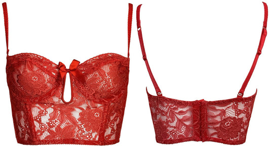 Vintage 1990's Christian Dior Sheer Red Lace Lolita Pin-Up Bow Cut-Out Bustier Crop Top