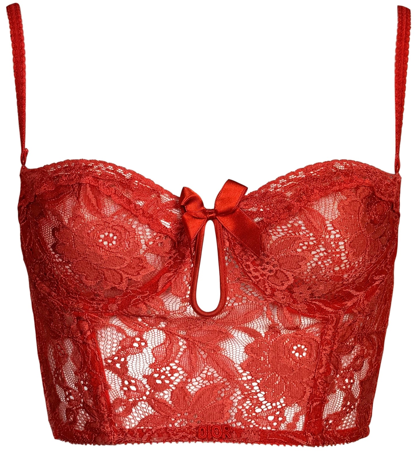 Vintage 1990's Christian Dior Sheer Red Lace Lolita Pin-Up Bow Cut-Out Bustier Crop Top