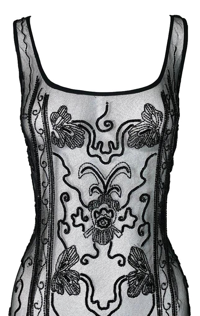 Vintage 1990's Dolce & Gabbana Sheer Black Mesh Beaded Pencil Dress