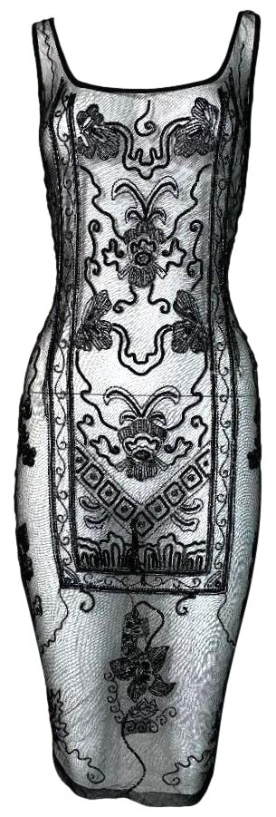 Vintage 1990's Dolce & Gabbana Sheer Black Mesh Beaded Pencil Dress