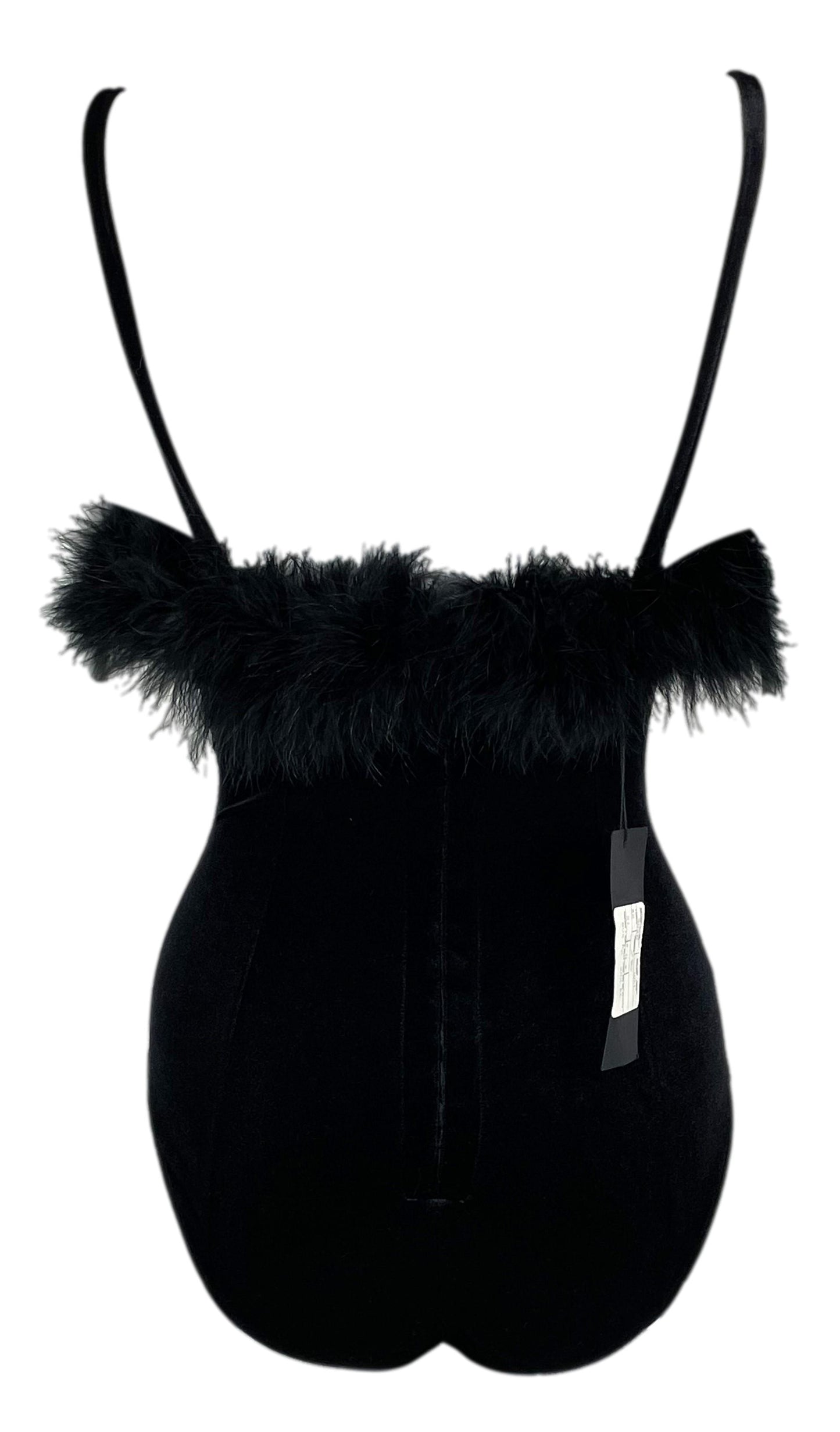 Vintage 1990's Dolce & Gabbana Black Stretch Velvet Feather Trim Bodysuit Top