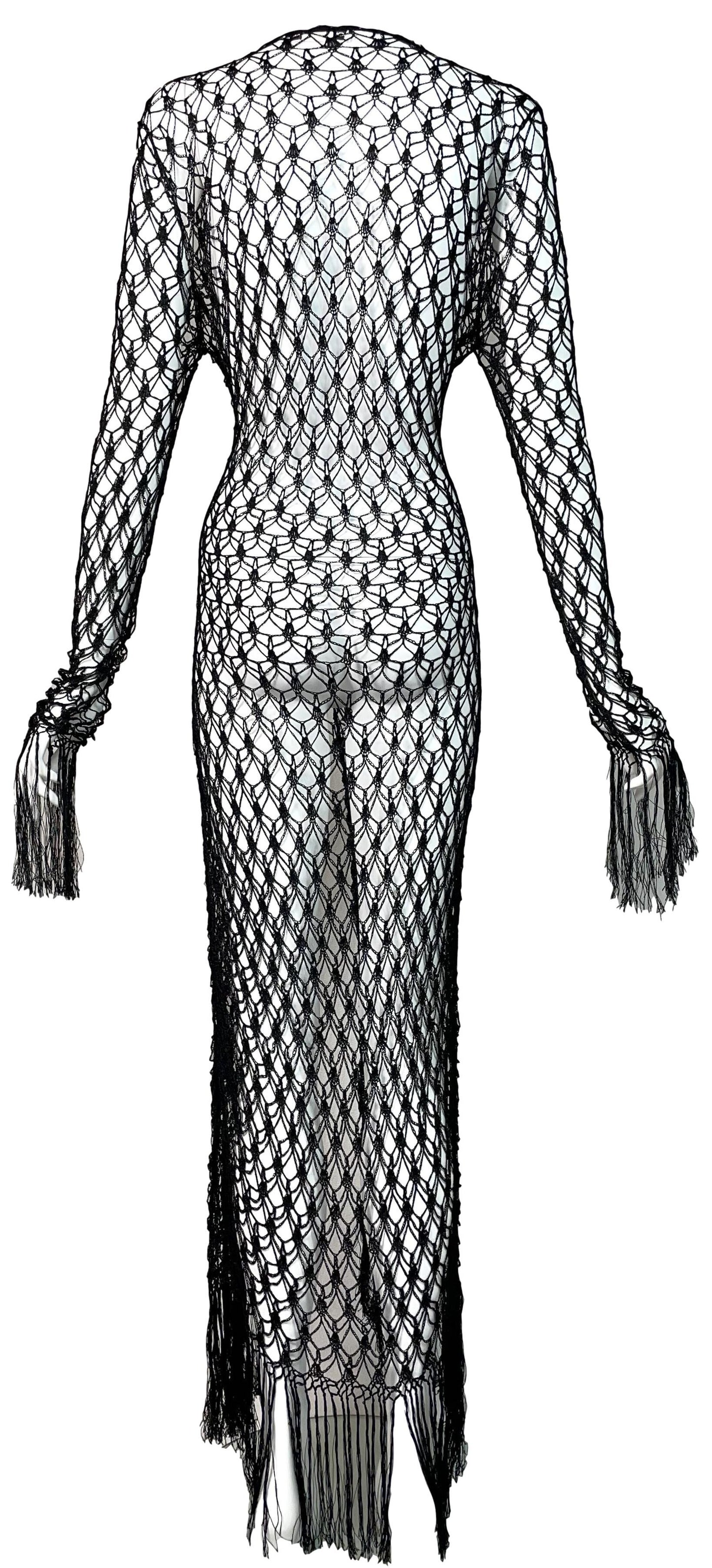 Vintage 1990's Dolce & Gabbana Goth Princess Sheer Black Fishnet Knit & Fringe Pin-Up Cardigan Dress