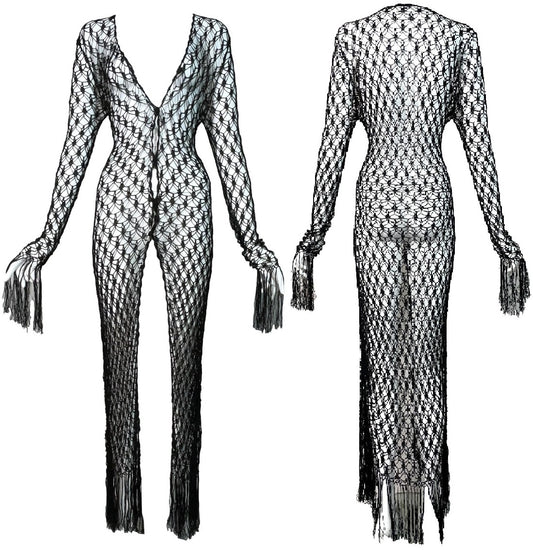Vintage 1990's Dolce & Gabbana Goth Princess Sheer Black Fishnet Knit & Fringe Pin-Up Cardigan Dress