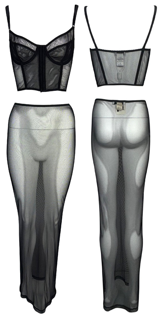 Vintage 1990's Dolce & Gabbana Sexy Pin-Up Sheer Black Fishnet Mesh Crop Top & Wiggle Maxi Skirt Set