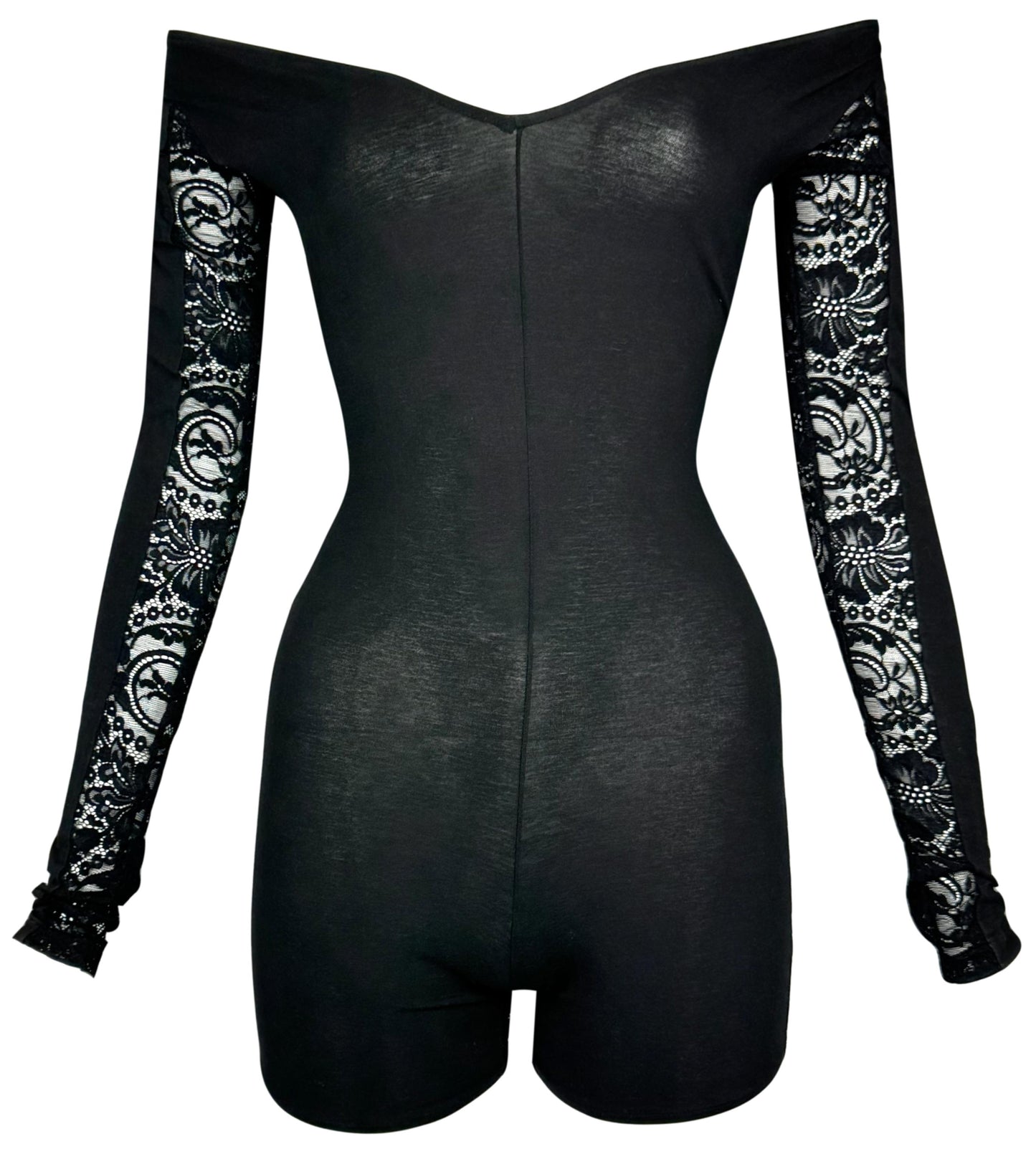 Vintage 1990's Dolce & Gabbana Pin-Up Sheer Black Off Shoulder Lace Romper Jumpsuit