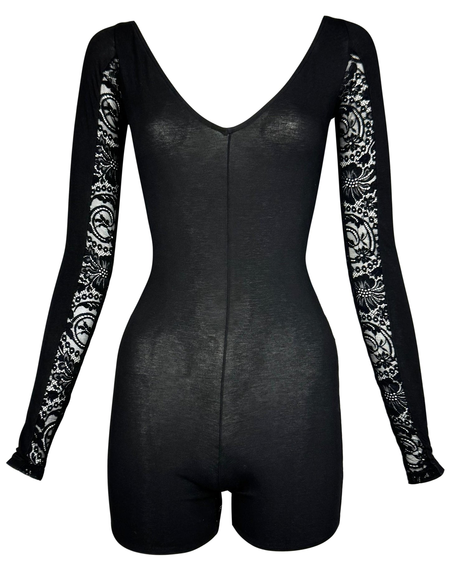 Vintage 1990's Dolce & Gabbana Pin-Up Sheer Black Off Shoulder Lace Romper Jumpsuit