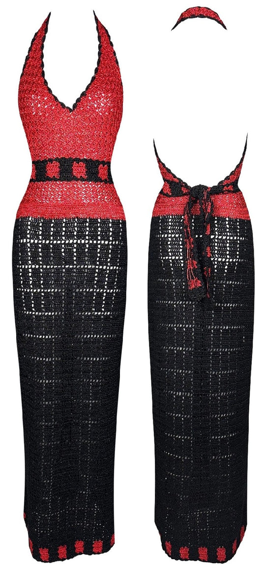 1990's Dolce & Gabbana Plunging Black & Red Pin-Up Sexy Bodycon Wiggle Halter Backless Maxi Dress