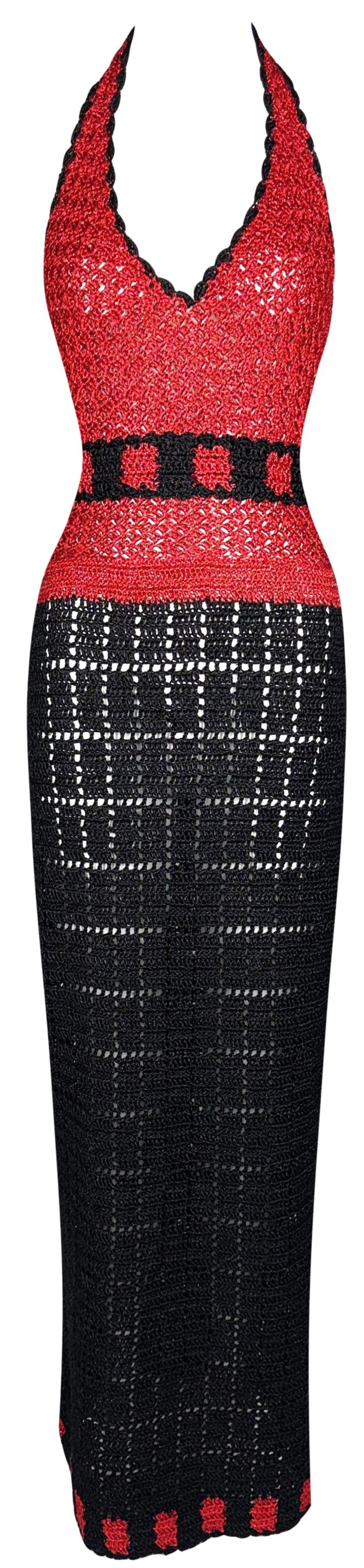 1990's Dolce & Gabbana Plunging Black & Red Pin-Up Sexy Bodycon Wiggle Halter Backless Maxi Dress