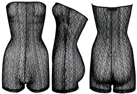 Vintage 1990's Dolce & Gabbana Sheer Black Fishnet Strapless Romper Jumpsuit
