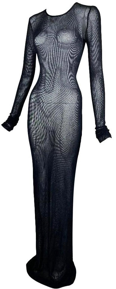 Vintage 1990's Dolce & Gabbana Black L/S Bodystocking Fishnet Extra Long Maxi Dress