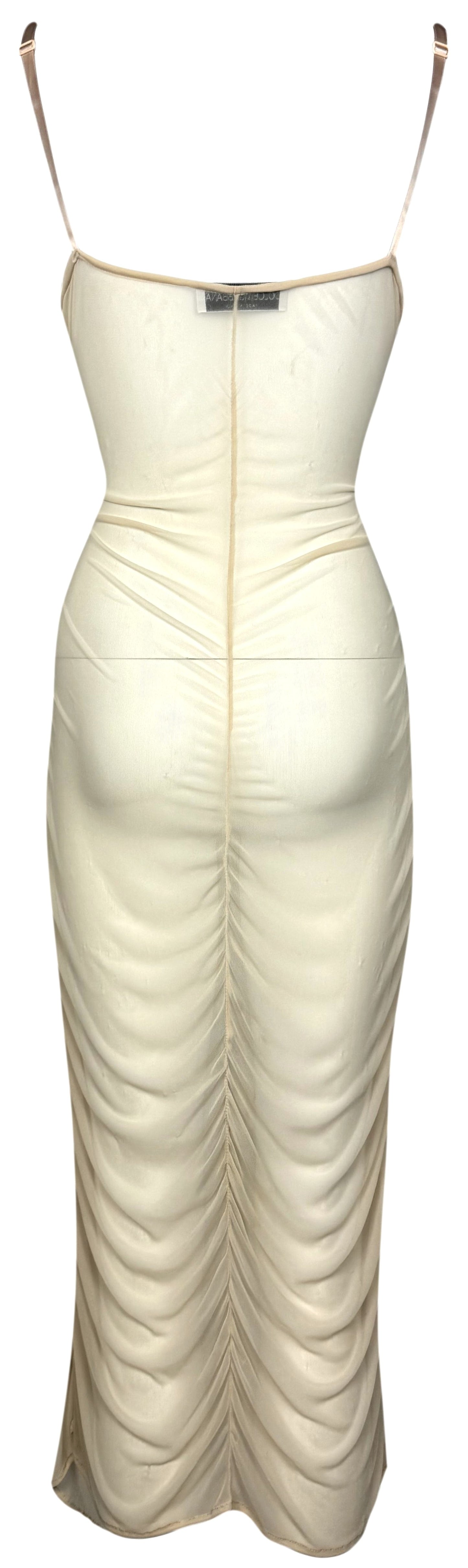 1990's Dolce & Gabbana Sexy Sheer Nude Nylon Bodystocking Ruched Pin-Up Wiggle Midi Dress