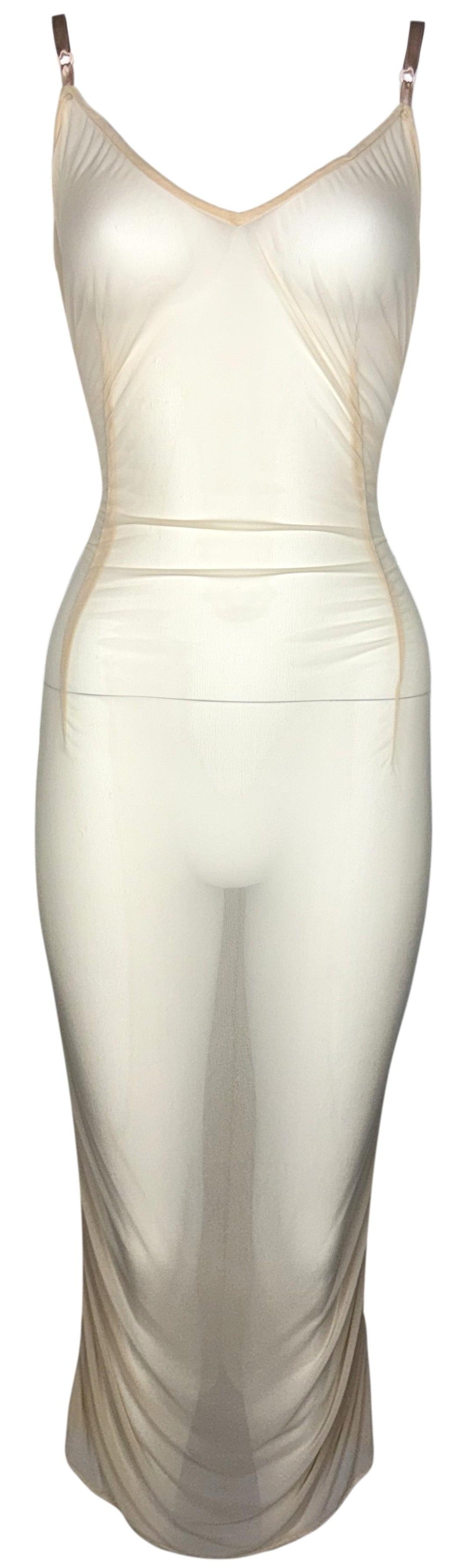 1990's Dolce & Gabbana Sexy Sheer Nude Nylon Bodystocking Ruched Pin-Up Wiggle Midi Dress