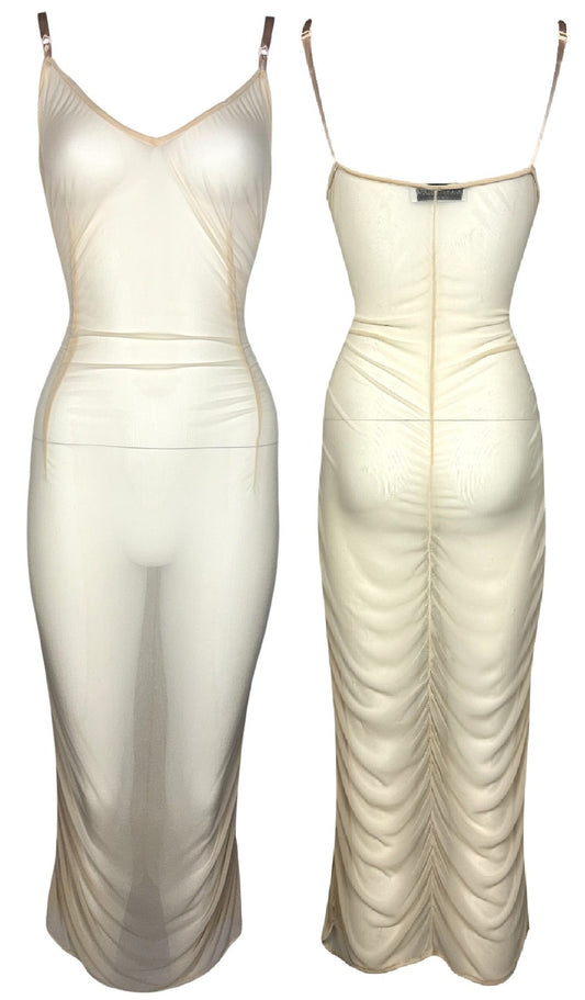 1990's Dolce & Gabbana Sexy Sheer Nude Nylon Bodystocking Ruched Pin-Up Wiggle Midi Dress