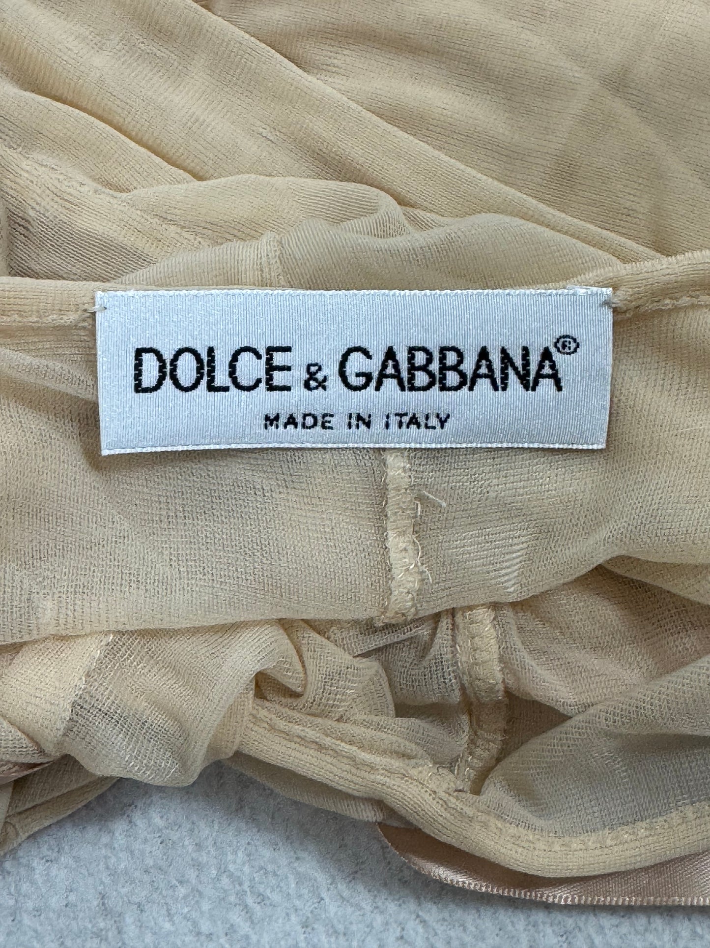 1990's Dolce & Gabbana Sexy Sheer Nude Nylon Bodystocking Ruched Pin-Up Wiggle Midi Dress