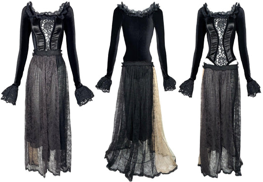 Vintage 1990's Dolce & Gabbana Victorian Goth Princess Black Sheer Lace Ruffle Velvet Bodysuit & Sheer Lace Maxi Skirt Set
