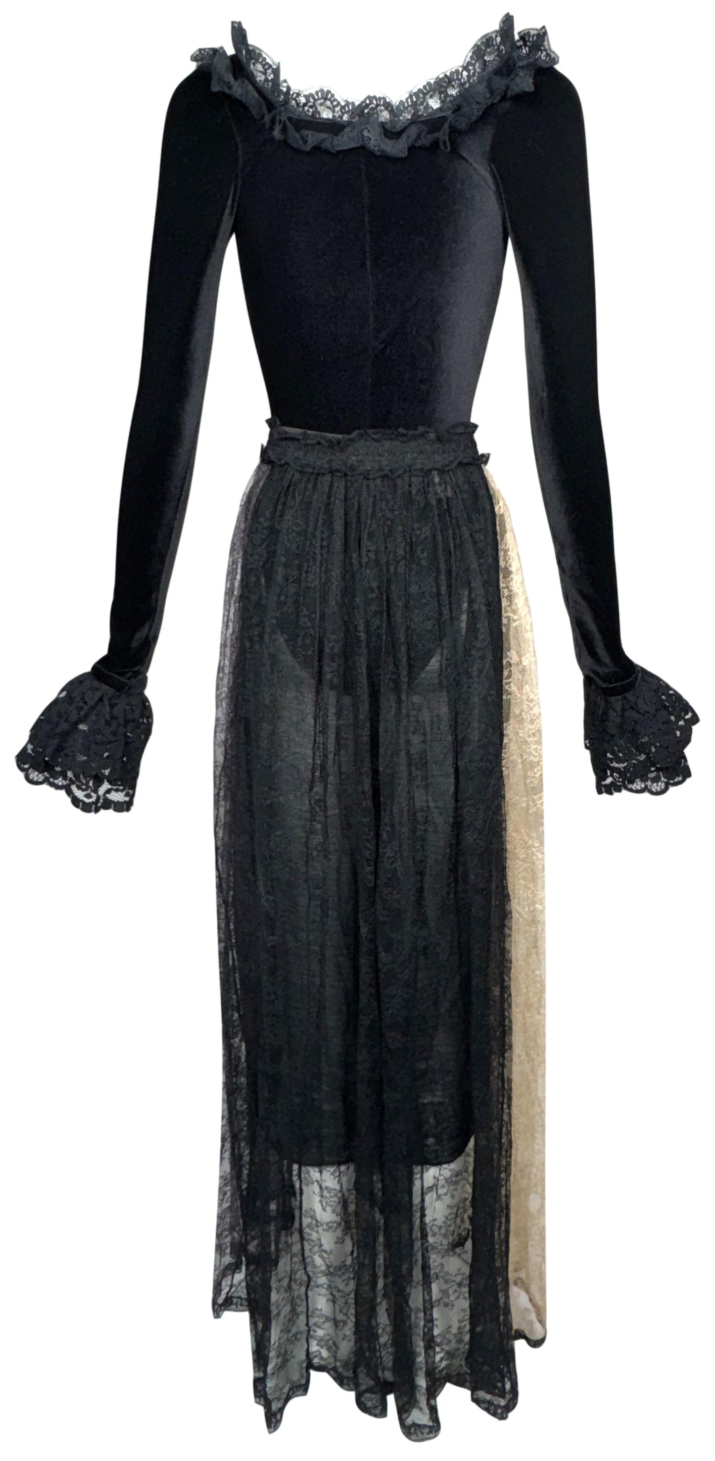 Vintage 1990's Dolce & Gabbana Victorian Goth Princess Black Sheer Lace Ruffle Velvet Bodysuit & Sheer Lace Maxi Skirt Set