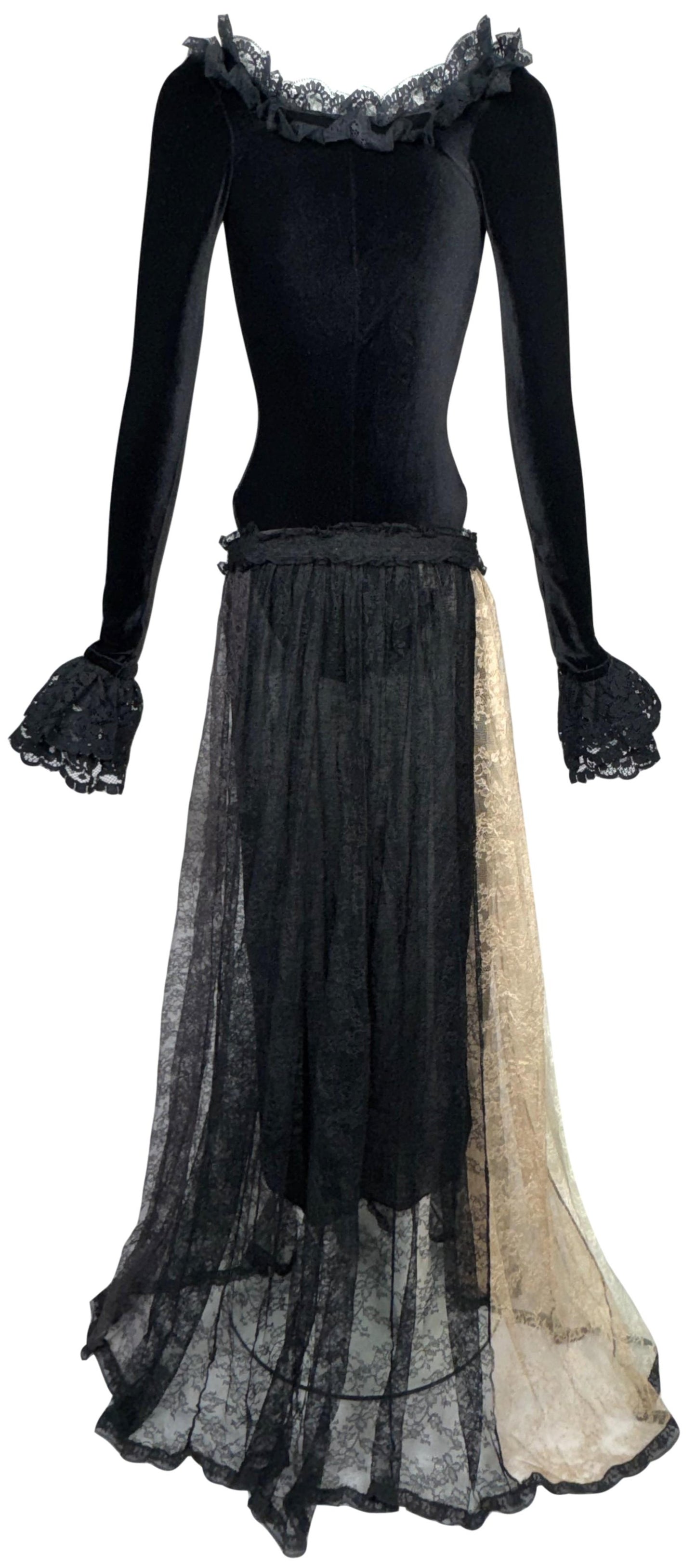 Vintage 1990's Dolce & Gabbana Victorian Goth Princess Black Sheer Lace Ruffle Velvet Bodysuit & Sheer Lace Maxi Skirt Set
