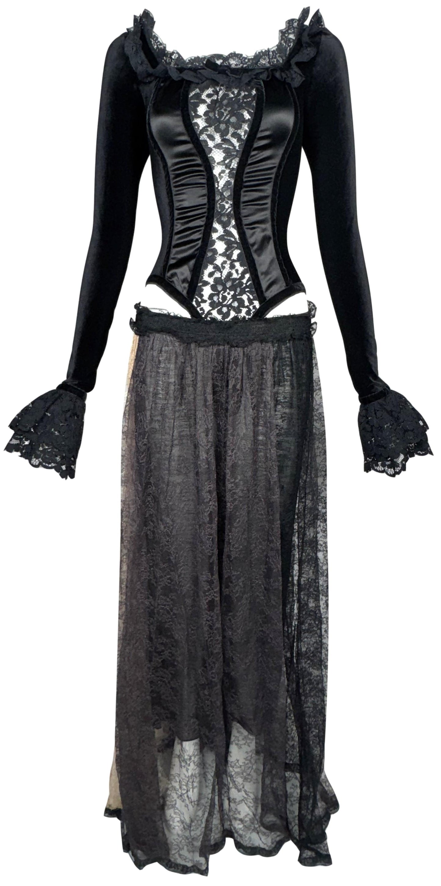 Vintage 1990's Dolce & Gabbana Victorian Goth Princess Black Sheer Lace Ruffle Velvet Bodysuit & Sheer Lace Maxi Skirt Set