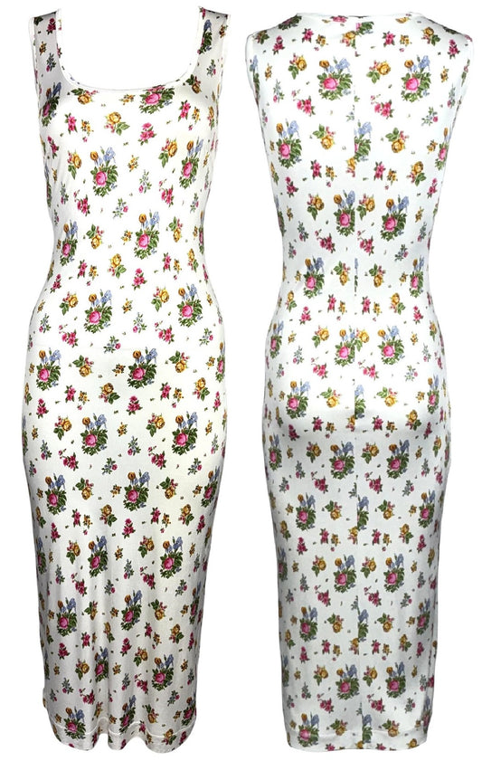 Vintage 1990's Dolce & Gabbana Floral White Bodycon Lolita Cottage Midi Dress