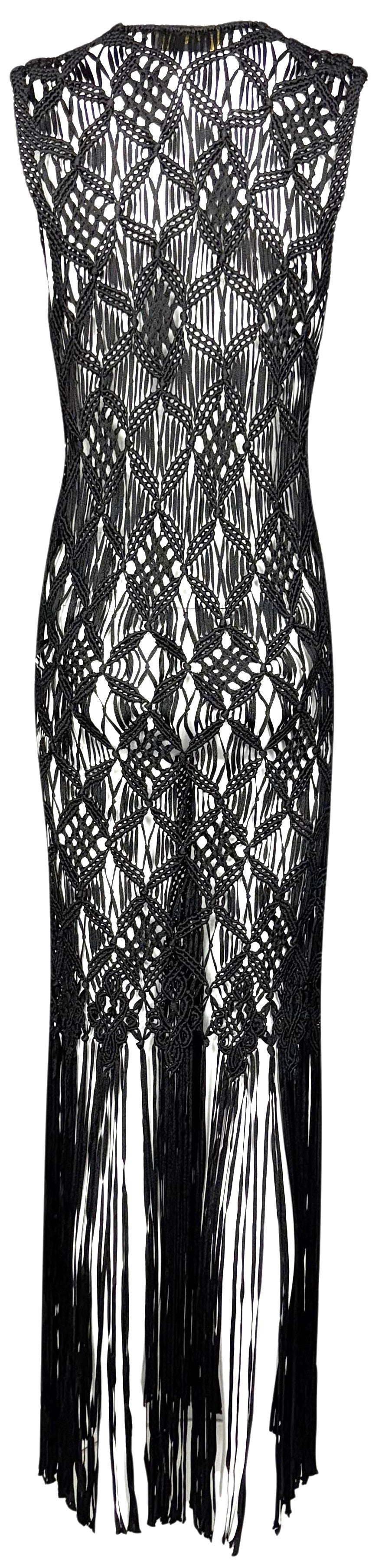 Vintage 1990's Donna Karan Sheer Black Macrame Knit Button Down Fringe Maxi Dress