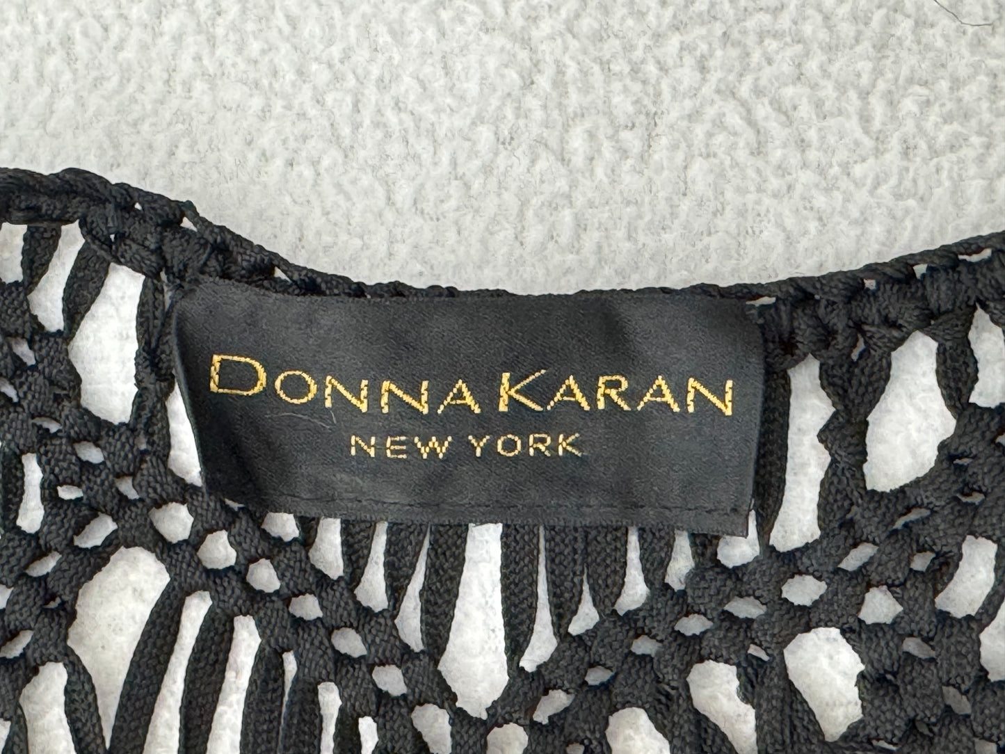 Vintage 1990's Donna Karan Sheer Black Macrame Knit Button Down Fringe Maxi Dress