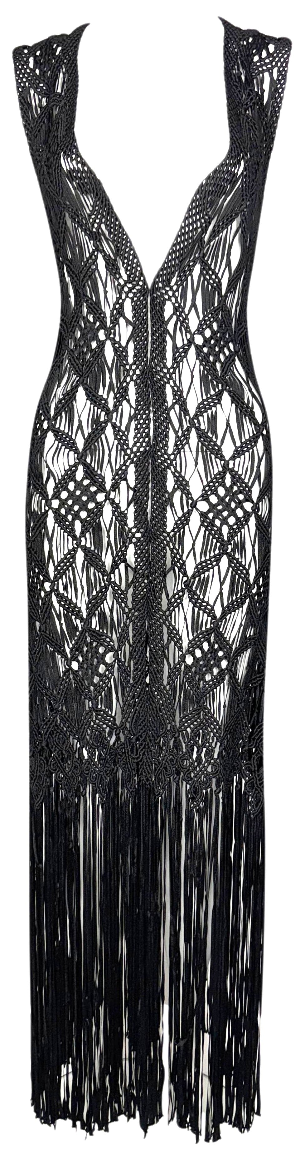 Vintage 1990's Donna Karan Sheer Black Macrame Knit Button Down Fringe Maxi Dress