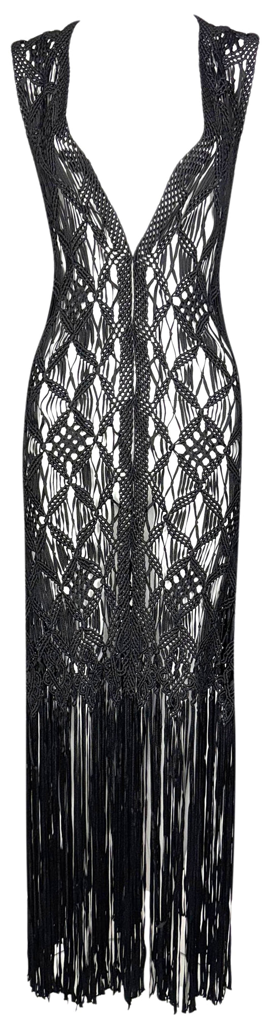Vintage 1990's Donna Karan Sheer Black Macrame Knit Button Down Fringe Maxi Dress