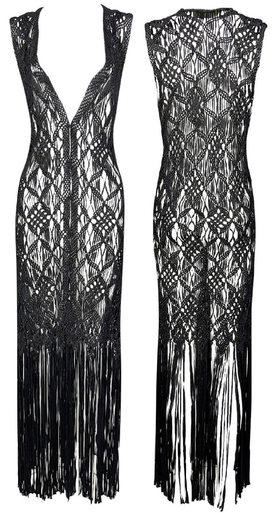 Vintage 1990's Donna Karan Sheer Black Macrame Knit Button Down Fringe Maxi Dress