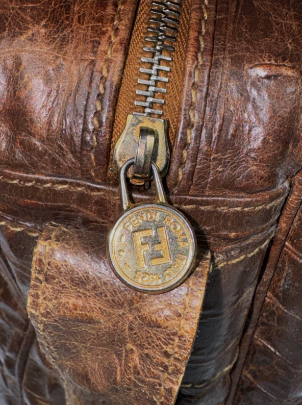 1990's Fendi by Karl Lagerfeld Brown Real Crocodile Large Messenger Hobo Bag Handbag