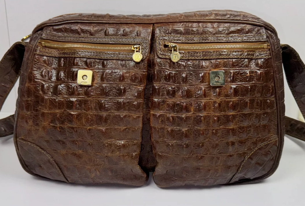 1990's Fendi by Karl Lagerfeld Brown Real Crocodile Large Messenger Hobo Bag Handbag