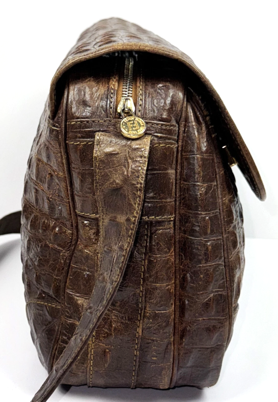 1990's Fendi by Karl Lagerfeld Brown Real Crocodile Large Messenger Hobo Bag Handbag
