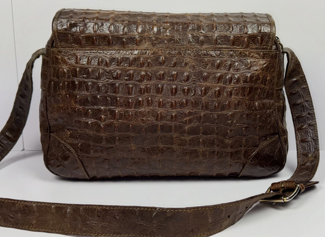 1990's Fendi by Karl Lagerfeld Brown Real Crocodile Large Messenger Hobo Bag Handbag