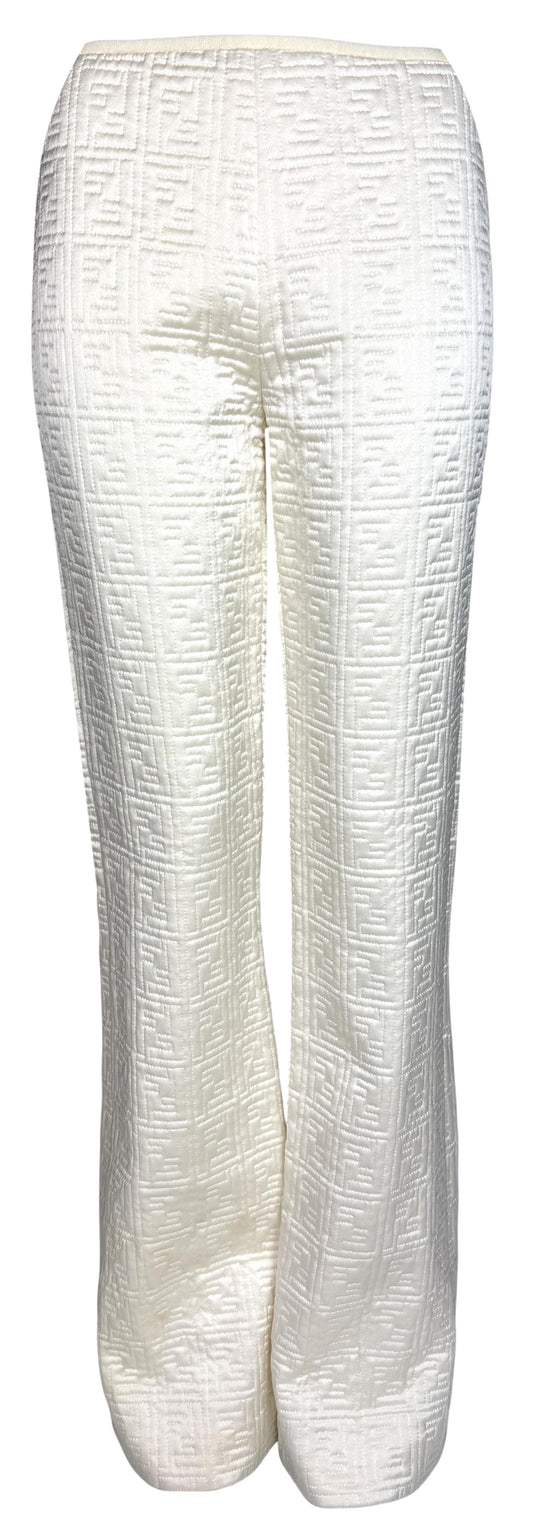 1990's Fendi x Karl Lagerfeld Ivory Satin Logo Monogram Boot Cut Pants