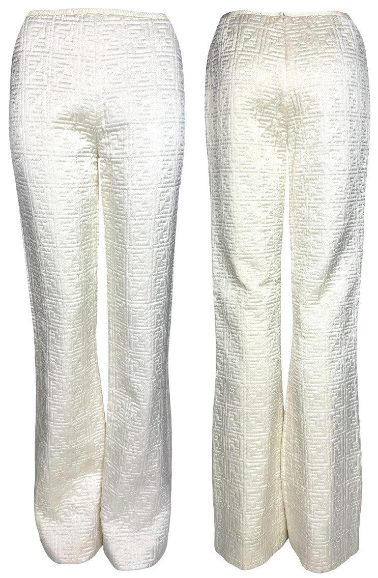 1990's Fendi x Karl Lagerfeld Ivory Satin Logo Monogram Boot Cut Pants