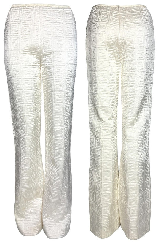 1990's Fendi x Karl Lagerfeld Ivory Satin Logo Monogram Boot Cut Pants
