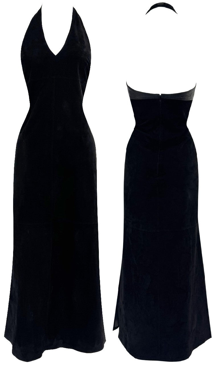 Vintage 1990's Fendi x Karl Lagerfeld Black Suede Leather Halter Mermaid Maxi Dress