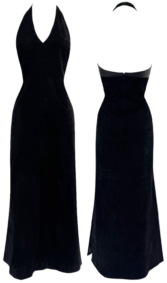 Vintage 1990's Fendi x Karl Lagerfeld Black Suede Leather Halter Mermaid Maxi Dress