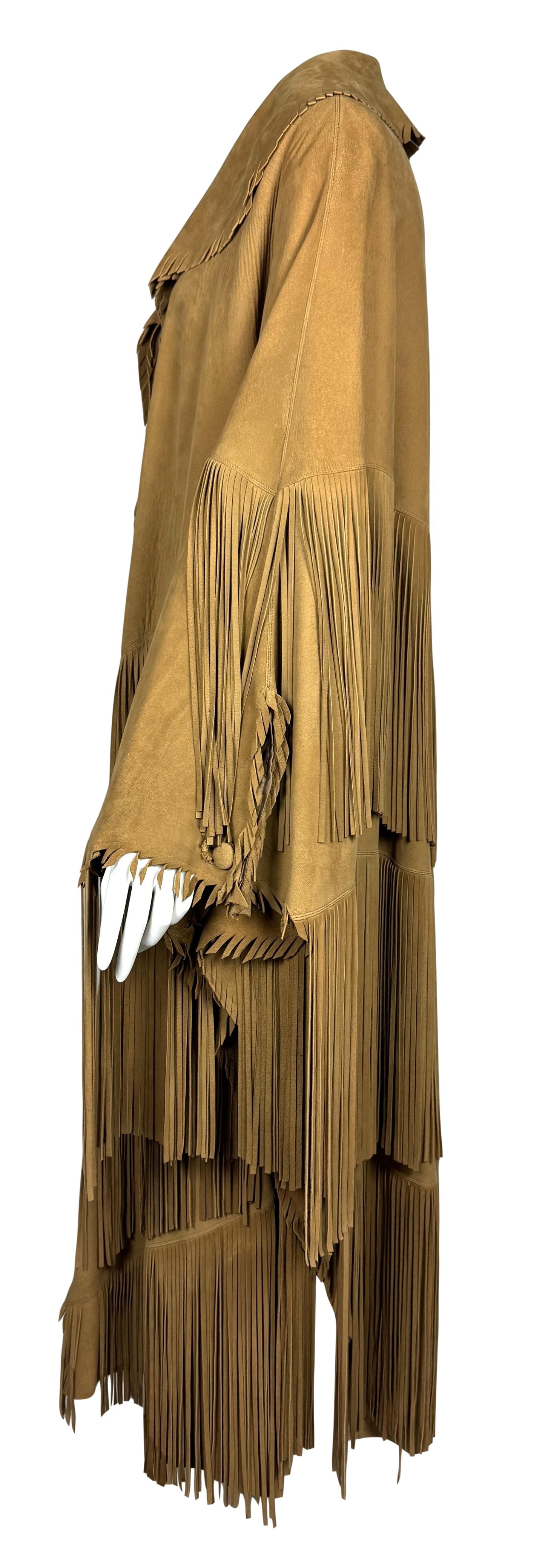 Vintage 1990's Fendi by Karl Lagerfeld Southwestern Native American Style Brown Suede Leather Fringe Long Coat Jacket