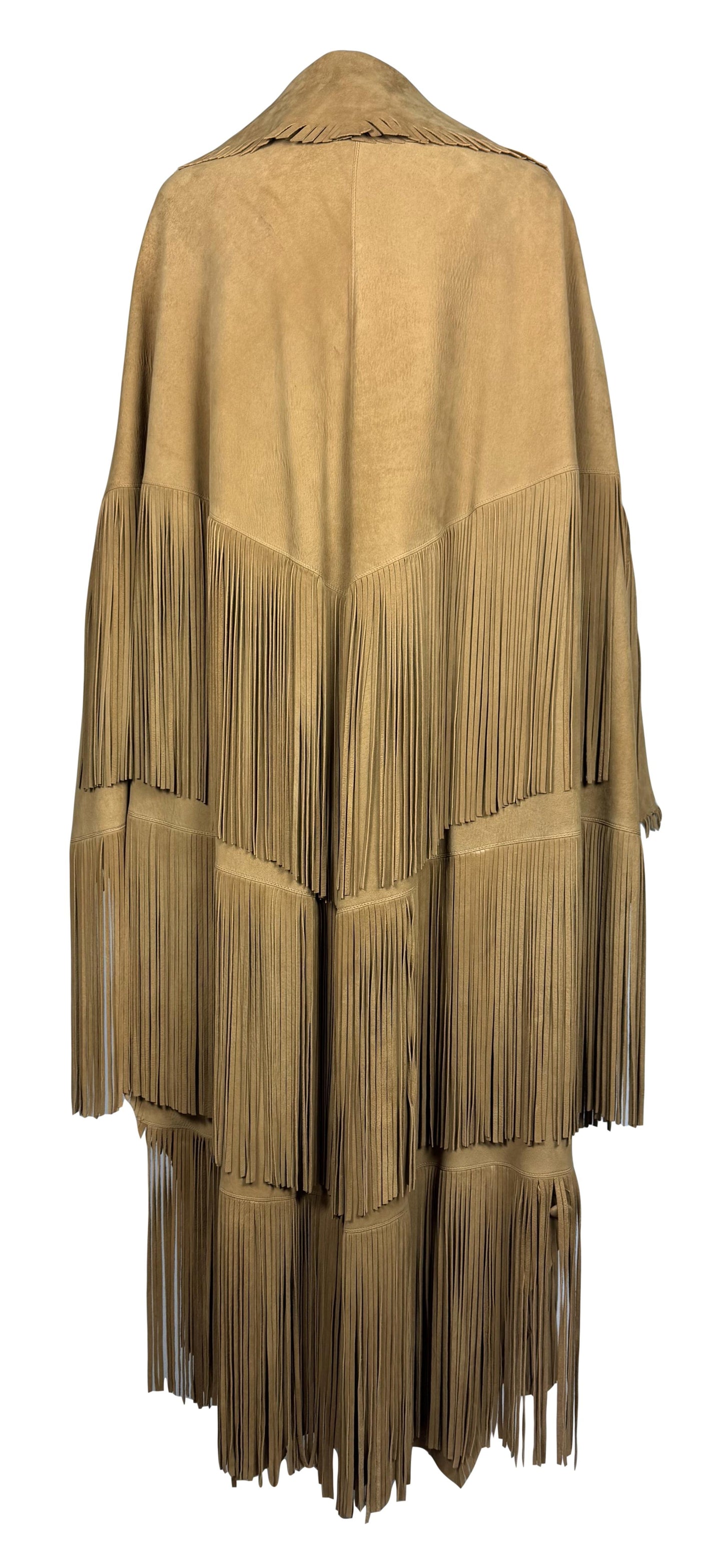Vintage 1990's Fendi by Karl Lagerfeld Southwestern Native American Style Brown Suede Leather Fringe Long Coat Jacket