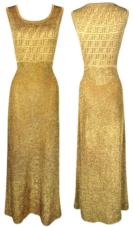 Vintage 1990's Fendi x Karl Lagerfeld Gold Glitter Logo Monogram Knit Maxi Dress