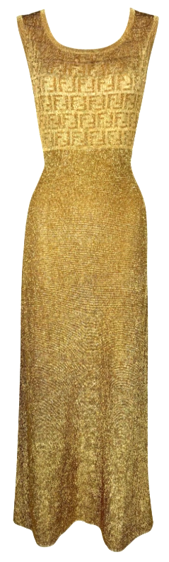 Vintage 1990's Fendi x Karl Lagerfeld Gold Glitter Logo Monogram Knit Maxi Dress