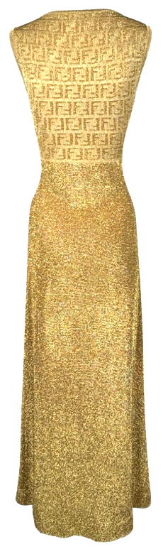 Vintage 1990's Fendi x Karl Lagerfeld Gold Glitter Logo Monogram Knit Maxi Dress