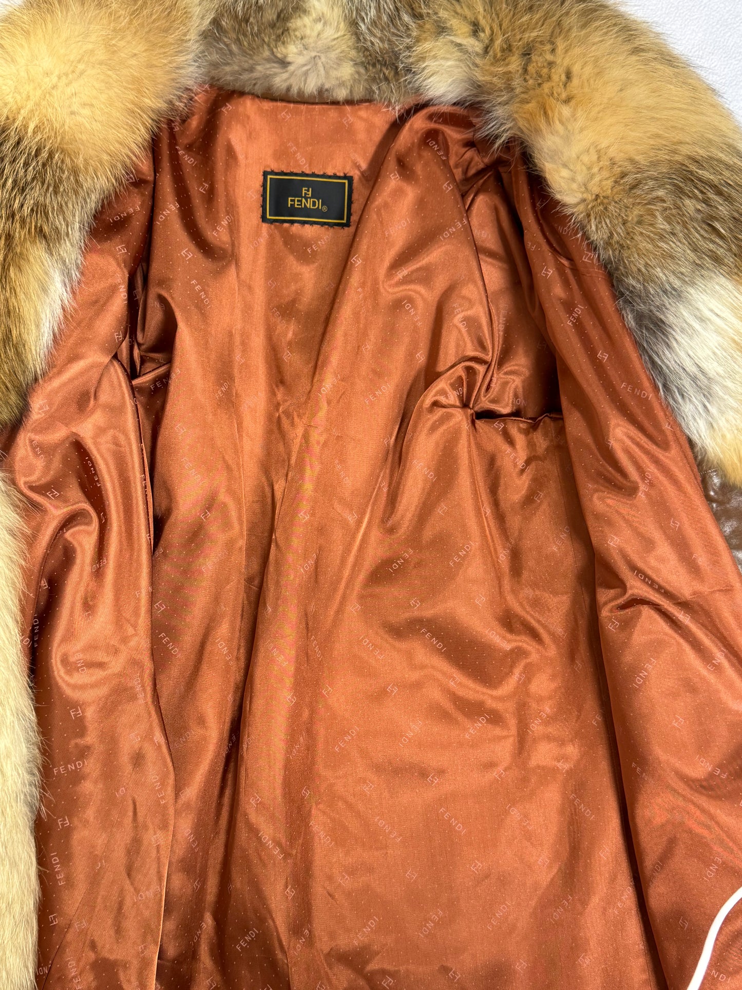 Vintage 1990's Fendi x Karl Lagerfeld Golden Island Fox Fur Midi Length Coat