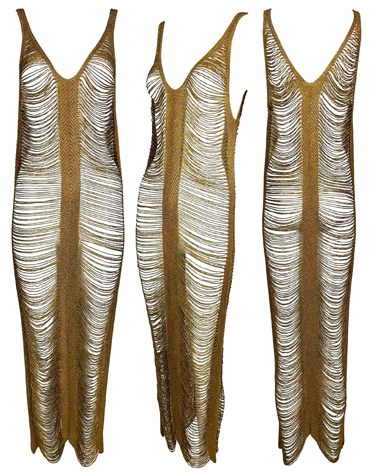 2000's Gianfranco Ferre Sheer Bronze Gold 1930's Style Egyptian Revival Fringe Maxi Dress