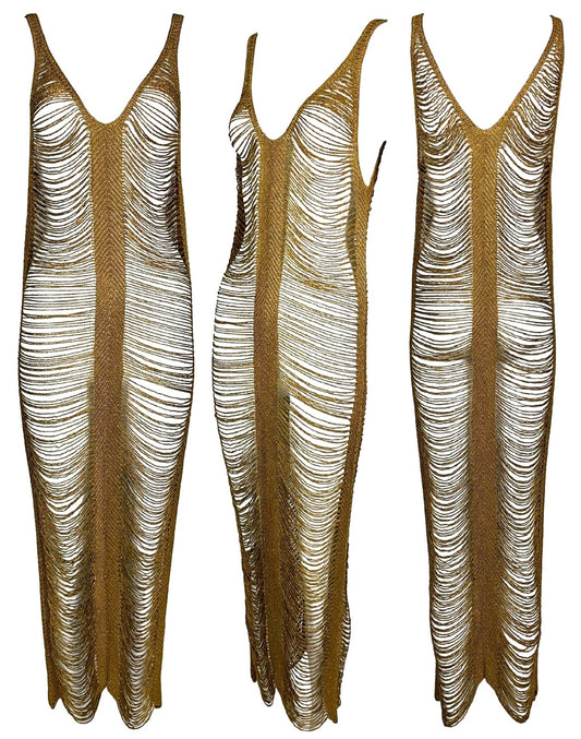 2000's Gianfranco Ferre Sheer Bronze Gold 1930's Style Egyptian Revival Fringe Maxi Dress