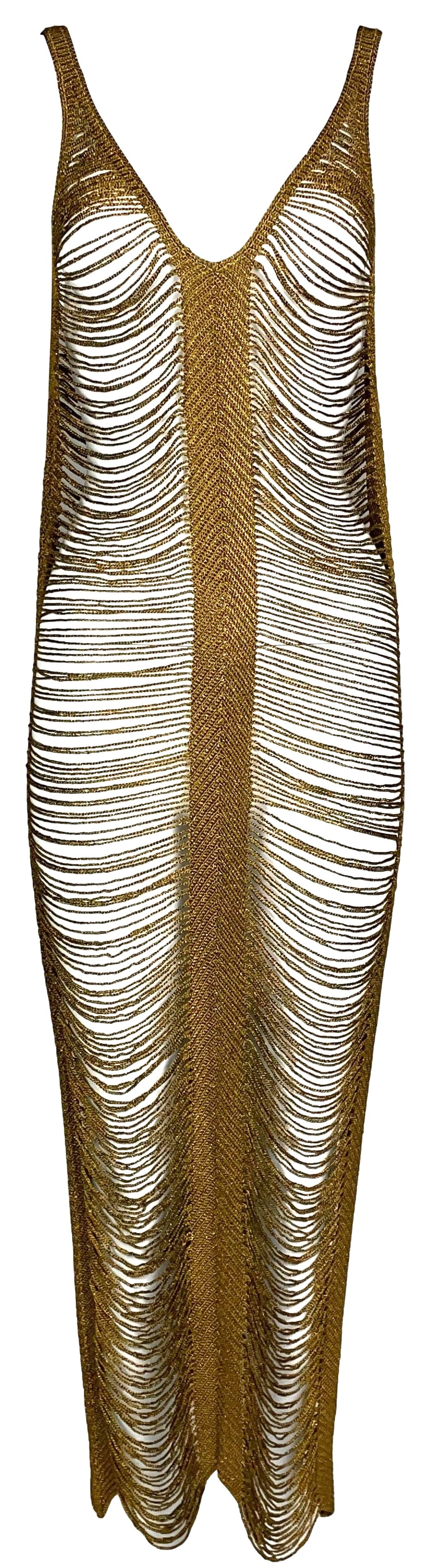 2000's Gianfranco Ferre Sheer Bronze Gold 1930's Style Egyptian Revival Fringe Maxi Dress