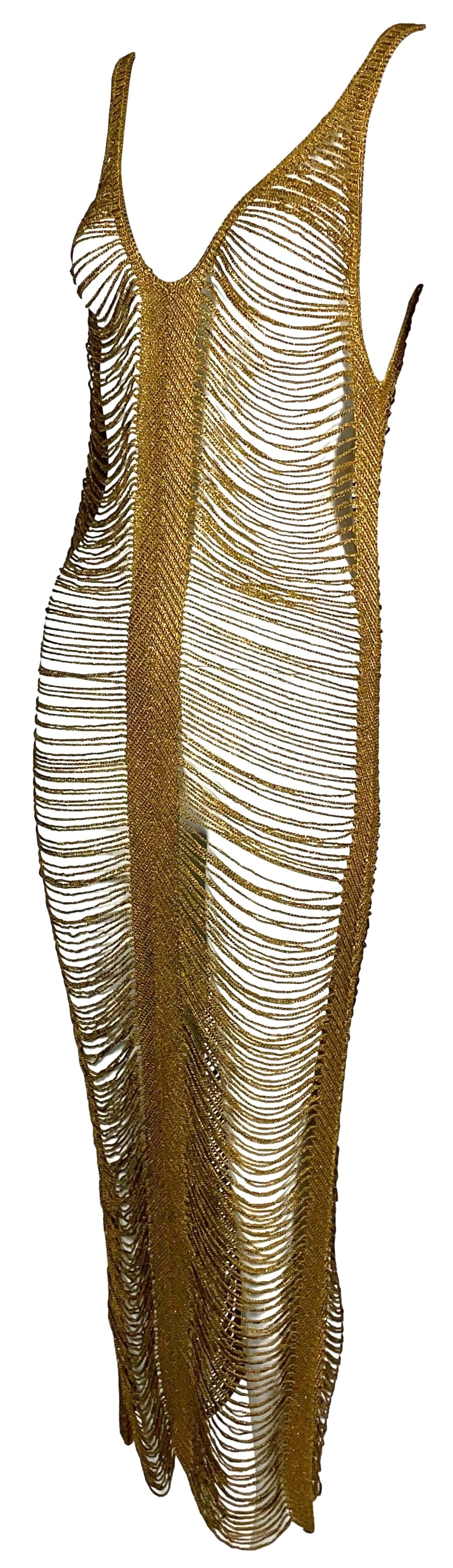 2000's Gianfranco Ferre Sheer Bronze Gold 1930's Style Egyptian Revival Fringe Maxi Dress