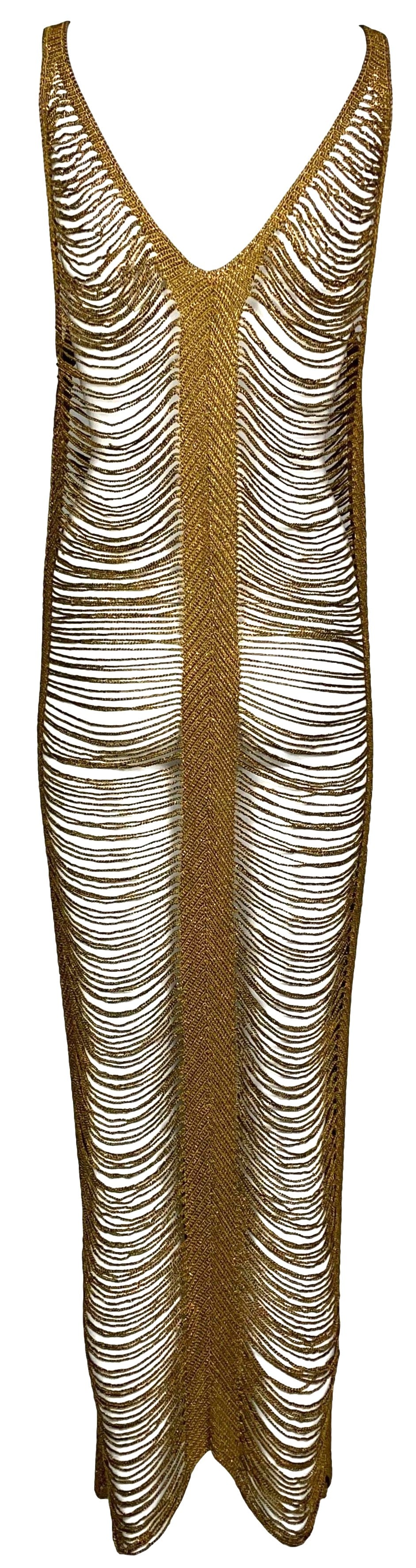 2000's Gianfranco Ferre Sheer Bronze Gold 1930's Style Egyptian Revival Fringe Maxi Dress
