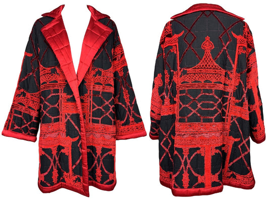 Vintage 1990's Gianfranco Ferre Black & Red Religious Buddhist Temple Knit Coat Jacket