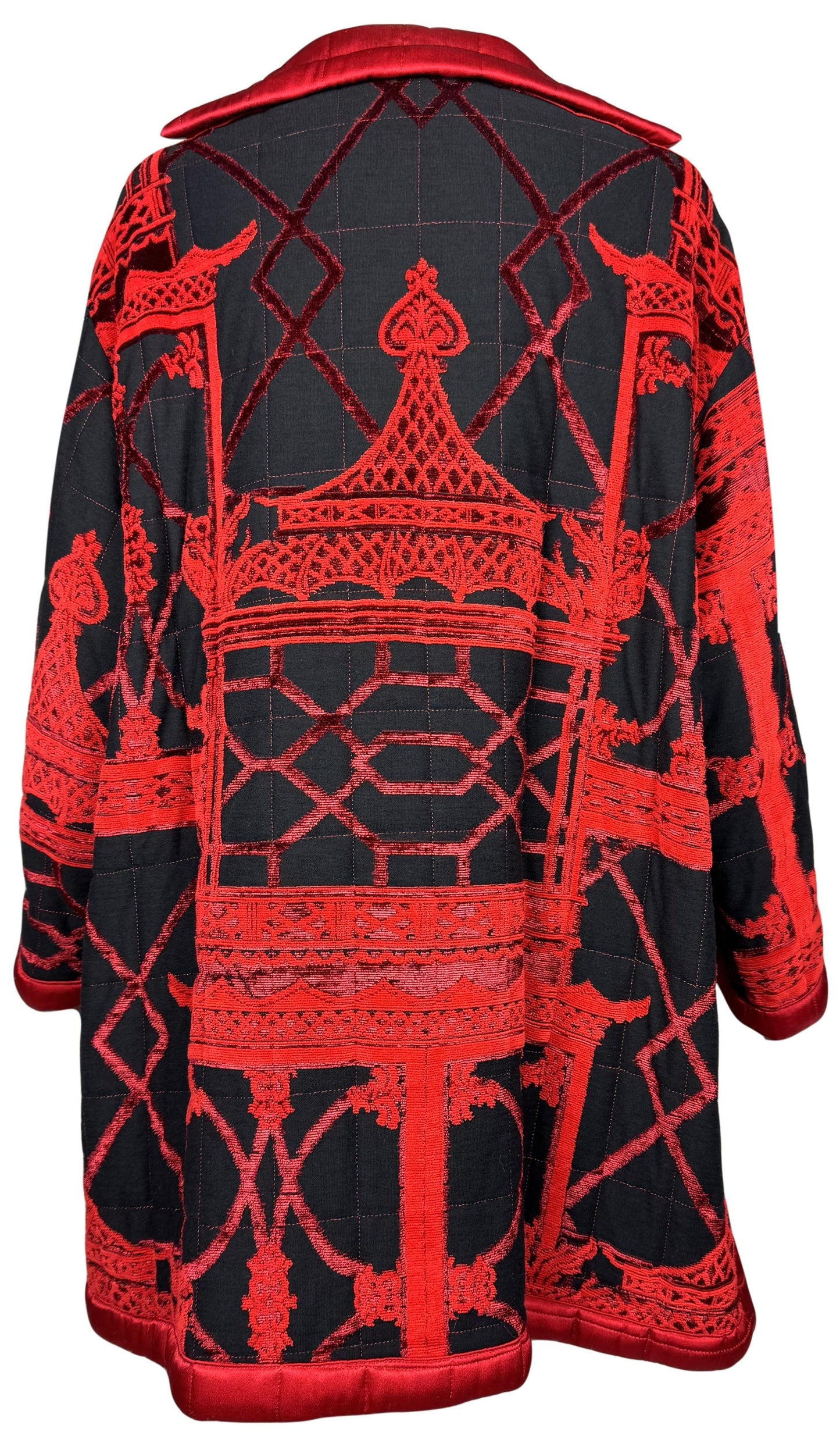 Vintage 1990's Gianfranco Ferre Black & Red Religious Buddhist Temple Knit Coat Jacket